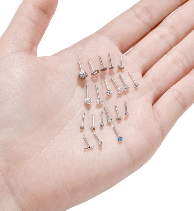 Tornito 20G 20Pcs Nose Ring CZ Nose Stud Retainer Bone Labret Nose Piercing Jewelry Set Stainless Steel Silver Tone - Image 5
